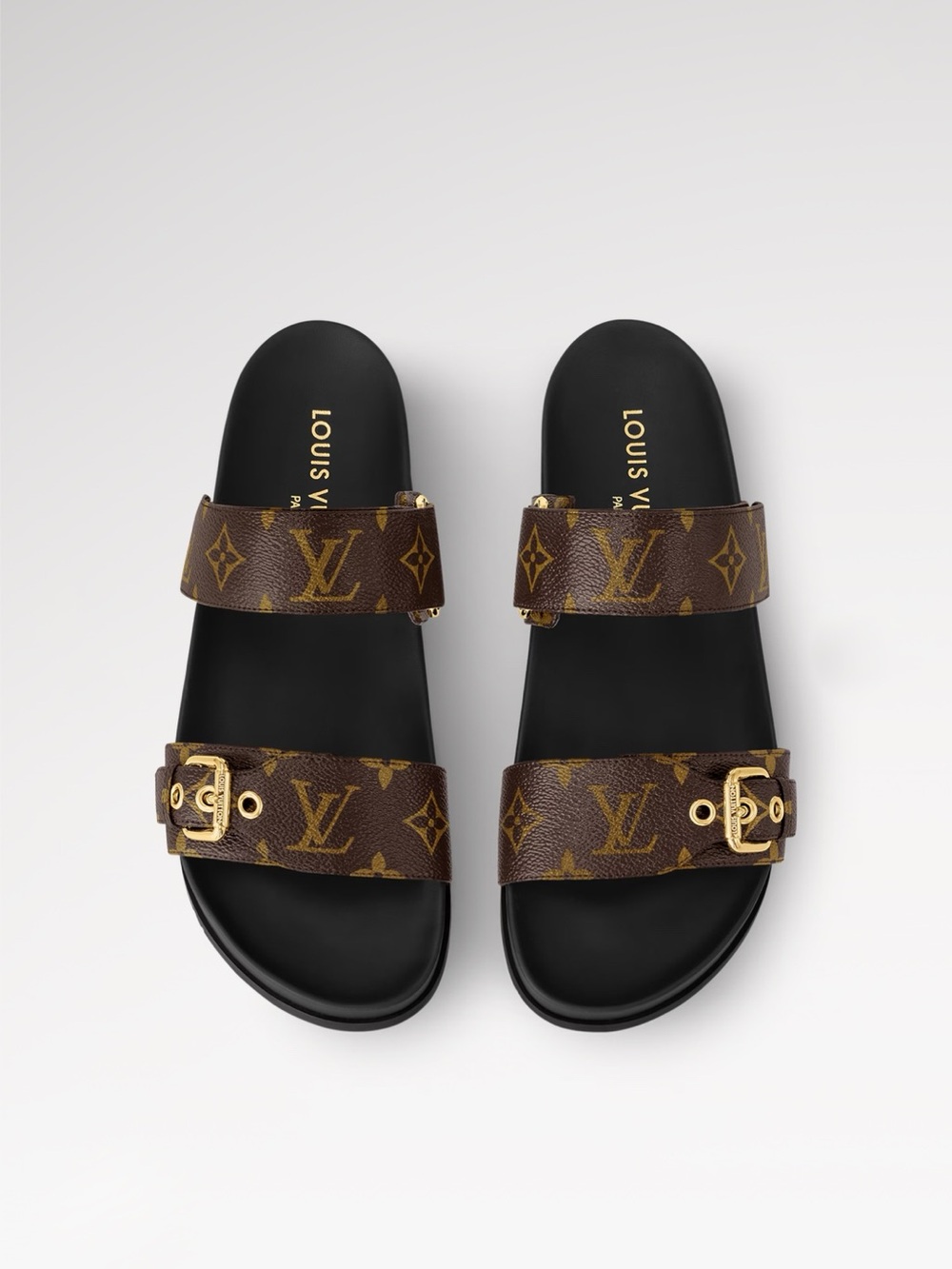 Louis Vuitton Monogram Double Strap Slides — Brown and Black with Gold Hardware